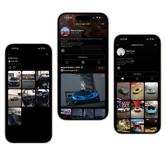 TopCars creator profiles and automotive photo galleries shown across three phones