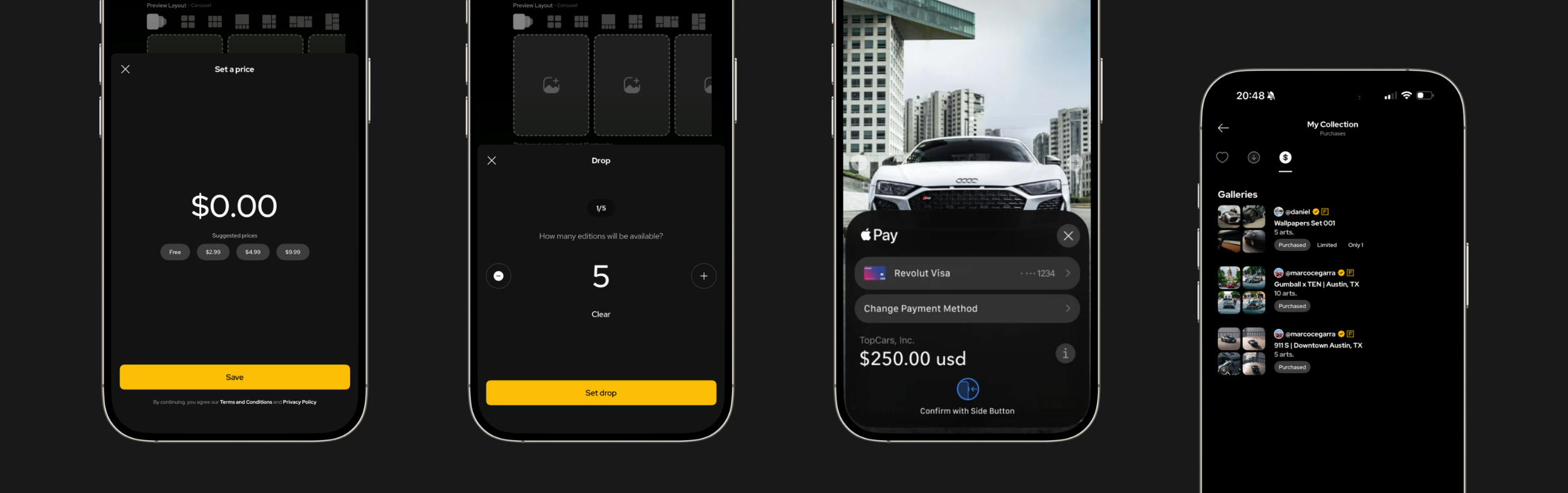 TopCars Studio pricing and Drop setup, Apple Pay checkout, and a collector Vault shown across four phones