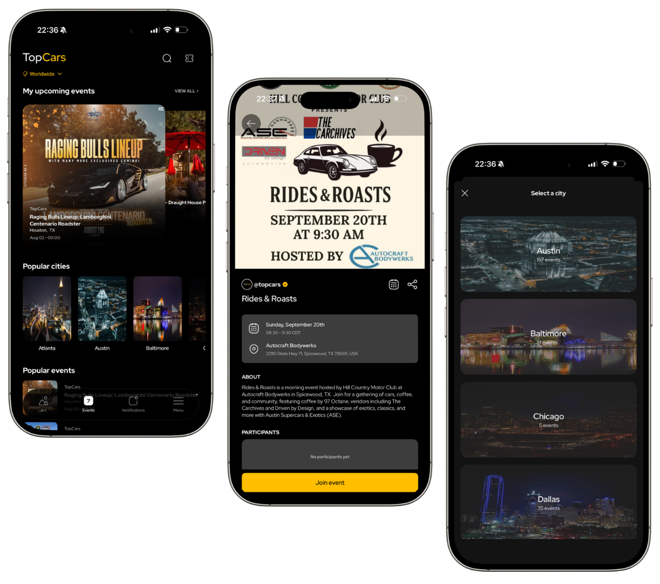 TopCars event discovery, event details, and city selection shown across three phones