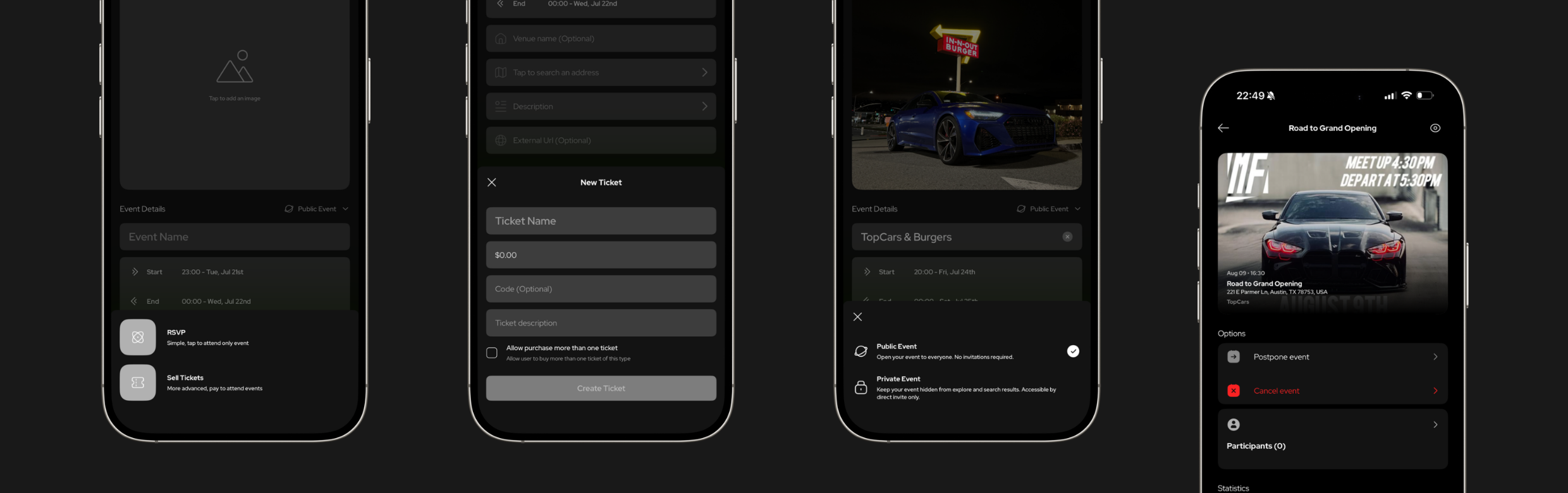 TopCars event creation, ticket setup, privacy controls, and event management shown across four phones